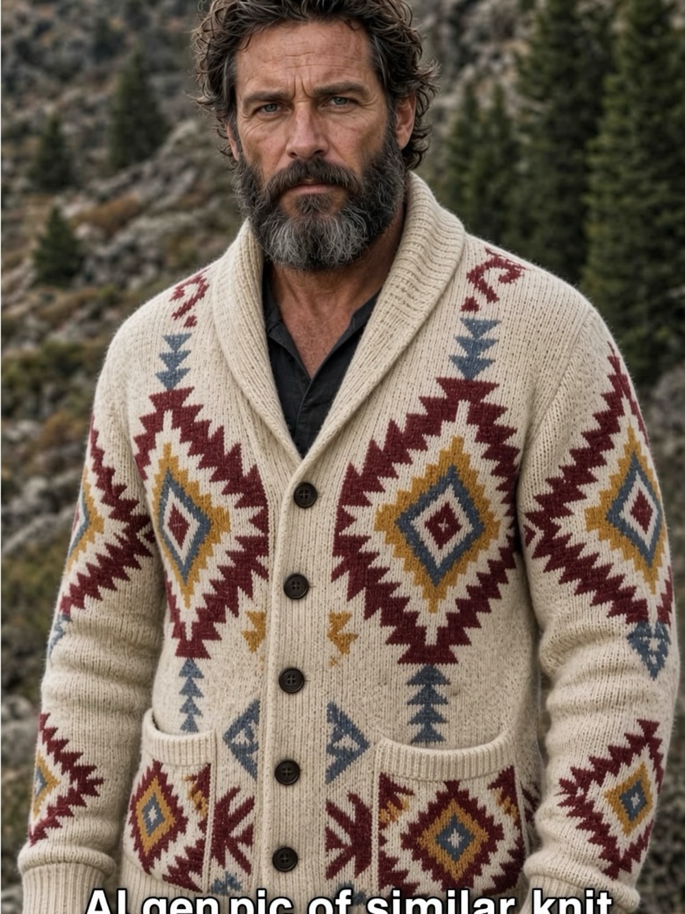 Simons Cream Aztec-Pattern Shawl Collar Cardigan with Red & Gold Accents